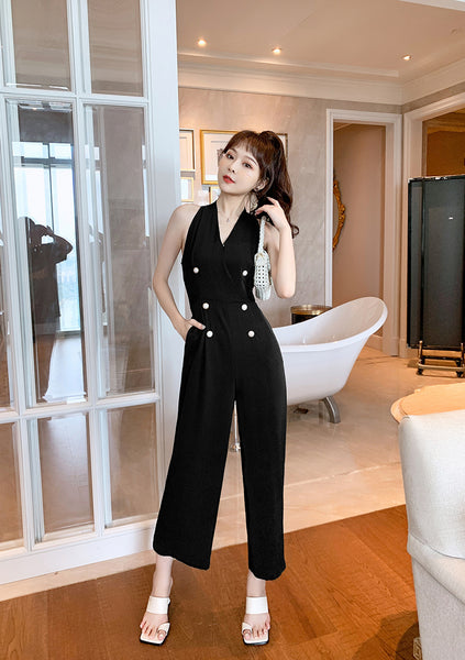 Summer Temperament Women Halter Neck Off Shoulder Sleeveless Jumpsuit Waist Drape Wide Leg High Waist Pants
