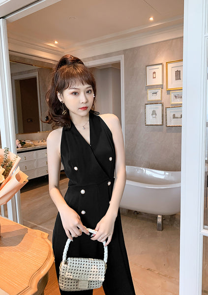 Summer Temperament Women Halter Neck Off Shoulder Sleeveless Jumpsuit Waist Drape Wide Leg High Waist Pants