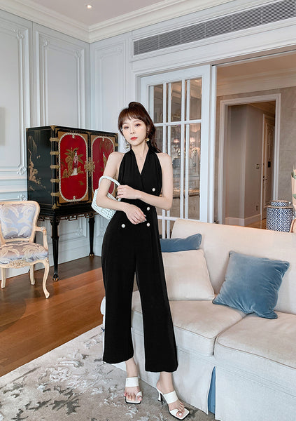 Summer Temperament Women Halter Neck Off Shoulder Sleeveless Jumpsuit Waist Drape Wide Leg High Waist Pants