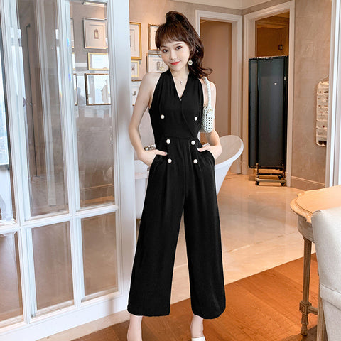 Summer Temperament Women Halter Neck Off Shoulder Sleeveless Jumpsuit Waist Drape Wide Leg High Waist Pants
