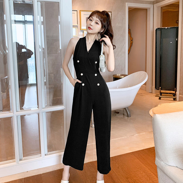 Summer Temperament Women Halter Neck Off Shoulder Sleeveless Jumpsuit Waist Drape Wide Leg High Waist Pants
