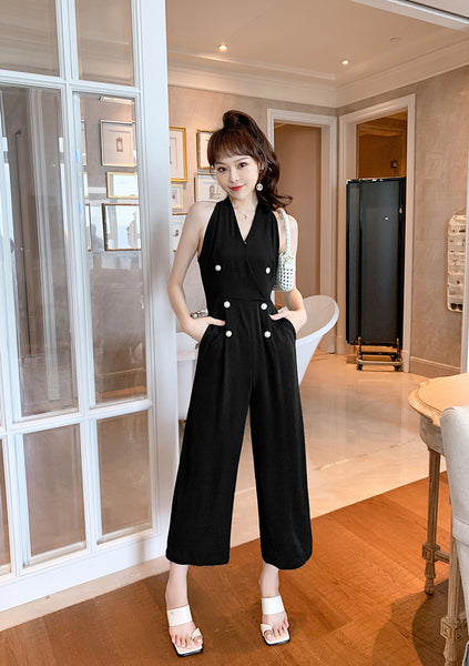 Summer Temperament Women Halter Neck Off Shoulder Sleeveless Jumpsuit Waist Drape Wide Leg High Waist Pants