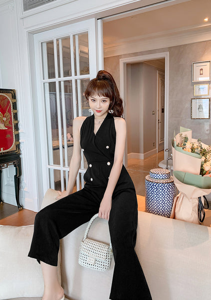 Summer Temperament Women Halter Neck Off Shoulder Sleeveless Jumpsuit Waist Drape Wide Leg High Waist Pants