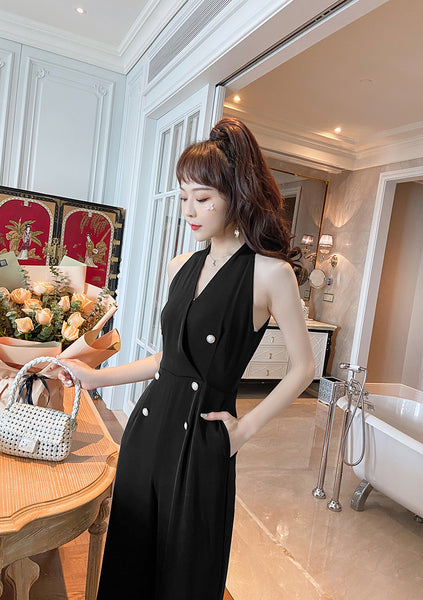 Summer Temperament Women Halter Neck Off Shoulder Sleeveless Jumpsuit Waist Drape Wide Leg High Waist Pants