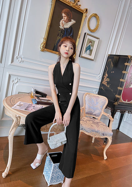 Summer Temperament Women Halter Neck Off Shoulder Sleeveless Jumpsuit Waist Drape Wide Leg High Waist Pants