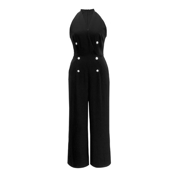 Summer Temperament Women Halter Neck Off Shoulder Sleeveless Jumpsuit Waist Drape Wide Leg High Waist Pants