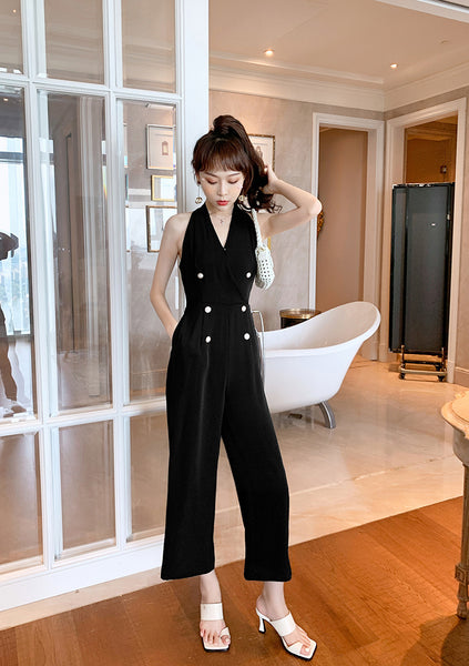 Summer Temperament Women Halter Neck Off Shoulder Sleeveless Jumpsuit Waist Drape Wide Leg High Waist Pants