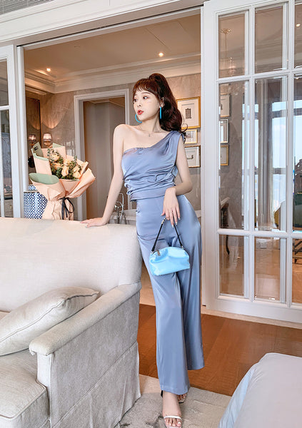 Perfect Look Elegant Style Vest Pleated Tube Top One Shoulder Wide Leg Pants Suit
