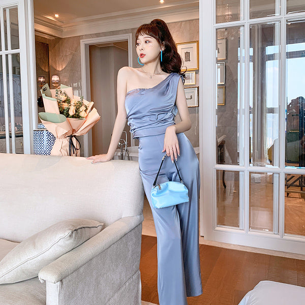 Perfect Look Elegant Style Vest Pleated Tube Top One Shoulder Wide Leg Pants Suit