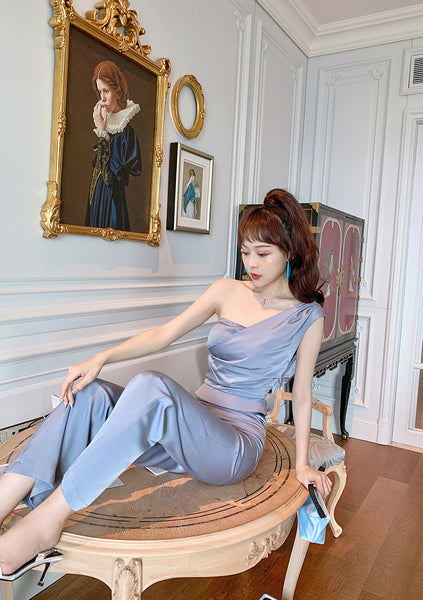 Perfect Look Elegant Style Vest Pleated Tube Top One Shoulder Wide Leg Pants Suit