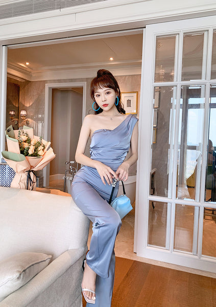 Perfect Look Elegant Style Vest Pleated Tube Top One Shoulder Wide Leg Pants Suit