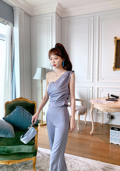 Perfect Look Elegant Style Vest Pleated Tube Top One Shoulder Wide Leg Pants Suit