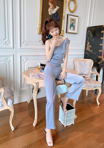 Perfect Look Elegant Style Vest Pleated Tube Top One Shoulder Wide Leg Pants Suit