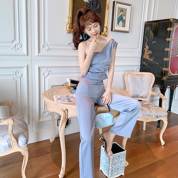 Perfect Look Elegant Style Vest Pleated Tube Top One Shoulder Wide Leg Pants Suit