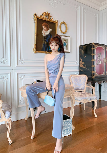 Perfect Look Elegant Style Vest Pleated Tube Top One Shoulder Wide Leg Pants Suit