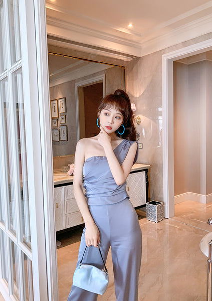 Perfect Look Elegant Style Vest Pleated Tube Top One Shoulder Wide Leg Pants Suit