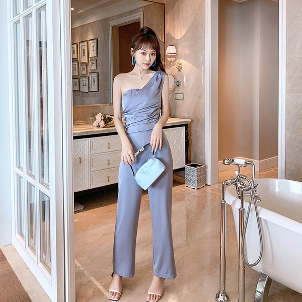 Perfect Look Elegant Style Vest Pleated Tube Top One Shoulder Wide Leg Pants Suit
