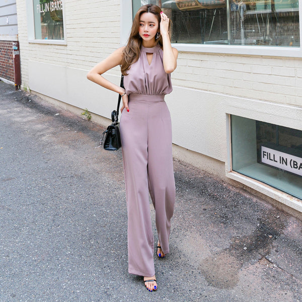Summer Temperament Ladies Halter Neck Keyhole Sleeveless Hollowed Out Loose High Waist Wide Legs Pants Jumpsuit