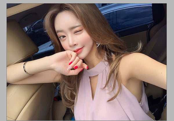 Summer Temperament Ladies Halter Neck Keyhole Sleeveless Hollowed Out Loose High Waist Wide Legs Pants Jumpsuit