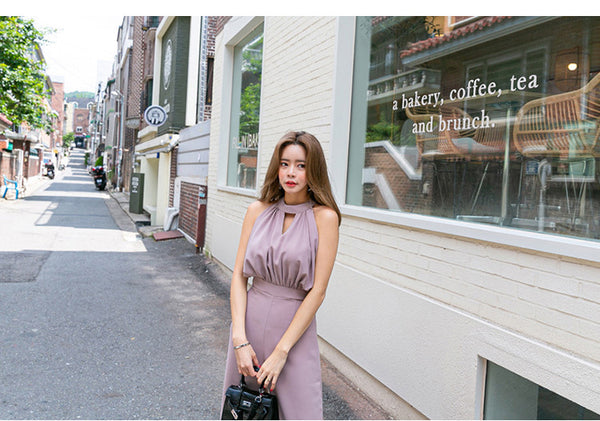 Summer Temperament Ladies Halter Neck Keyhole Sleeveless Hollowed Out Loose High Waist Wide Legs Pants Jumpsuit