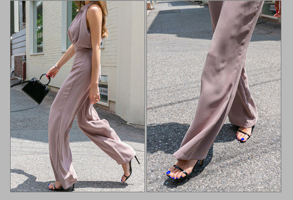 Summer Temperament Ladies Halter Neck Keyhole Sleeveless Hollowed Out Loose High Waist Wide Legs Pants Jumpsuit