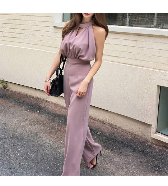 Summer Temperament Ladies Halter Neck Keyhole Sleeveless Hollowed Out Loose High Waist Wide Legs Pants Jumpsuit