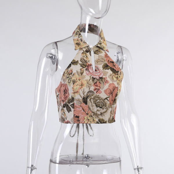 Look Good Women Retro Vintage Floral Printed Halter Collar Neck Crop Vest Fit Design Top