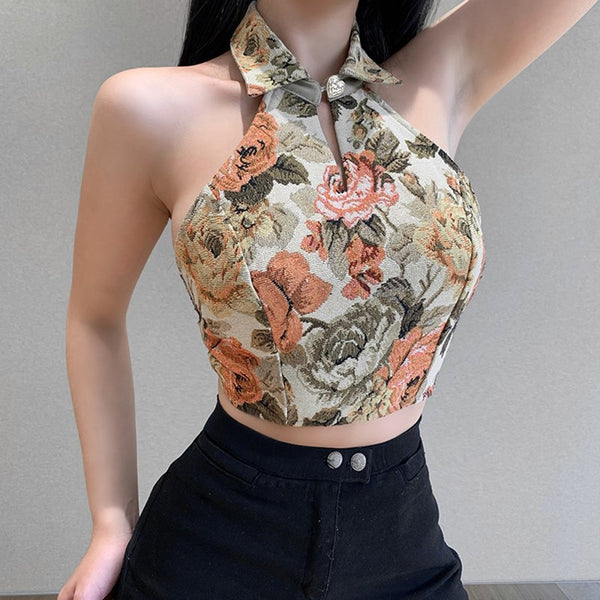 Look Good Women Retro Vintage Floral Printed Halter Collar Neck Crop Vest Fit Design Top