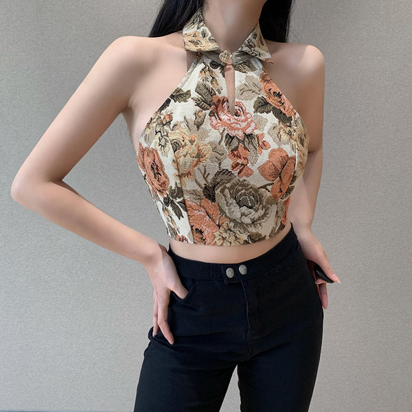 Look Good Women Retro Vintage Floral Printed Halter Collar Neck Crop Vest Fit Design Top