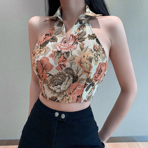Look Good Women Retro Vintage Floral Printed Halter Collar Neck Crop Vest Fit Design Top