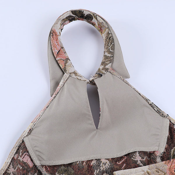 Look Good Women Retro Vintage Floral Printed Halter Collar Neck Crop Vest Fit Design Top