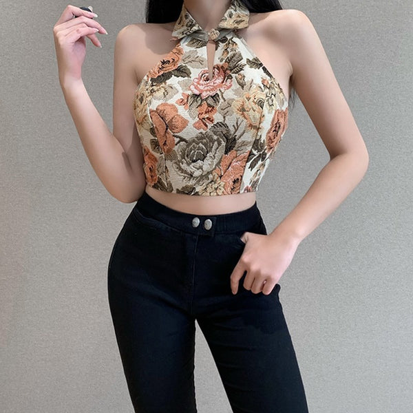 Look Good Women Retro Vintage Floral Printed Halter Collar Neck Crop Vest Fit Design Top