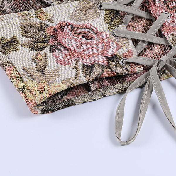 Look Good Women Retro Vintage Floral Printed Halter Collar Neck Crop Vest Fit Design Top