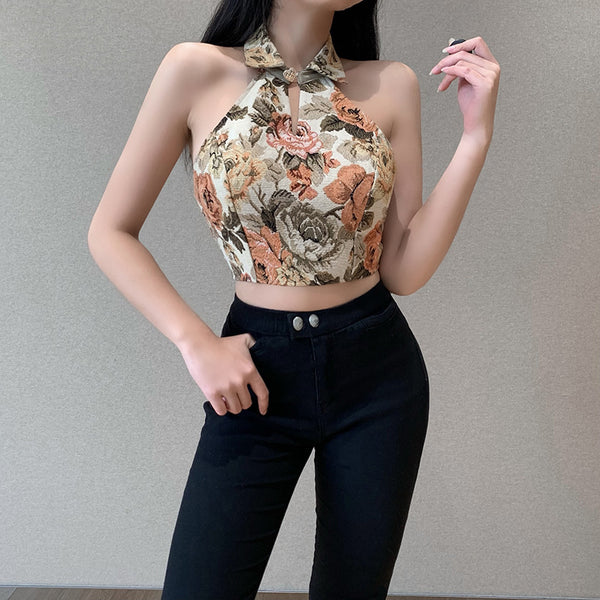 Look Good Women Retro Vintage Floral Printed Halter Collar Neck Crop Vest Fit Design Top