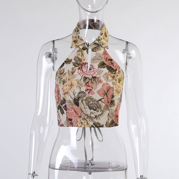 Look Good Women Retro Vintage Floral Printed Halter Collar Neck Crop Vest Fit Design Top