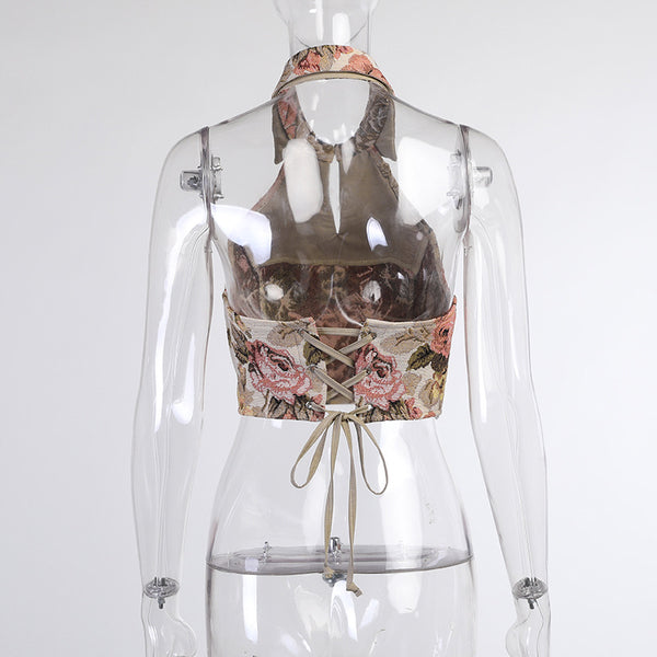 Look Good Women Retro Vintage Floral Printed Halter Collar Neck Crop Vest Fit Design Top