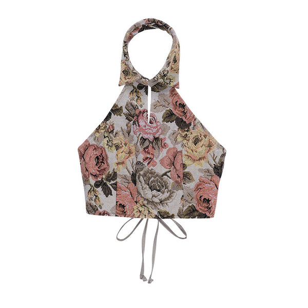 Look Good Women Retro Vintage Floral Printed Halter Collar Neck Crop Vest Fit Design Top