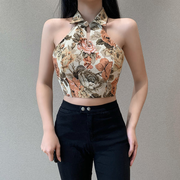 Look Good Women Retro Vintage Floral Printed Halter Collar Neck Crop Vest Fit Design Top