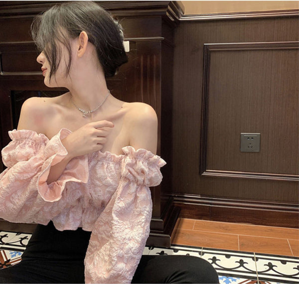 Trendy Pretty Women Off Shoulder Blouse Crop Top Ruffles Sexy Long Sleeve Shirt