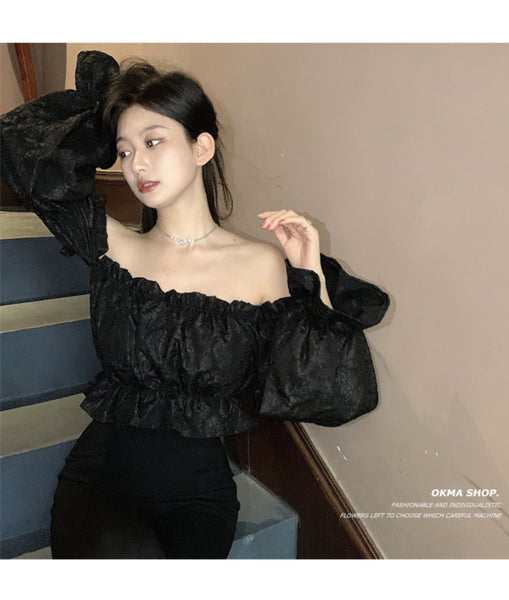 Trendy Pretty Women Off Shoulder Blouse Crop Top Ruffles Sexy Long Sleeve Shirt