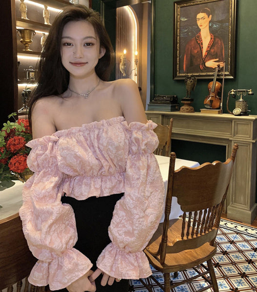 Trendy Pretty Women Off Shoulder Blouse Crop Top Ruffles Sexy Long Sleeve Shirt