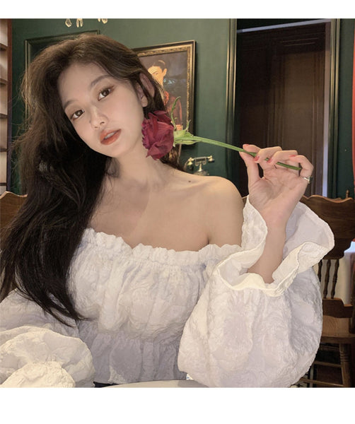 Trendy Pretty Women Off Shoulder Blouse Crop Top Ruffles Sexy Long Sleeve Shirt