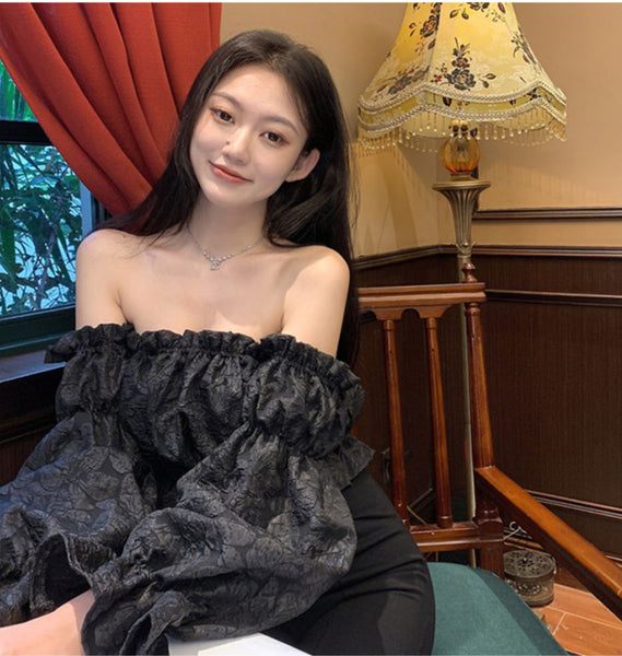 Trendy Pretty Women Off Shoulder Blouse Crop Top Ruffles Sexy Long Sleeve Shirt