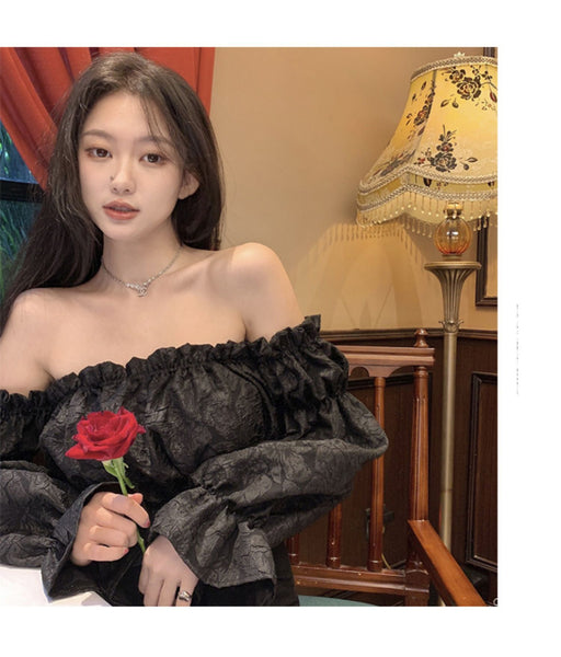 Trendy Pretty Women Off Shoulder Blouse Crop Top Ruffles Sexy Long Sleeve Shirt