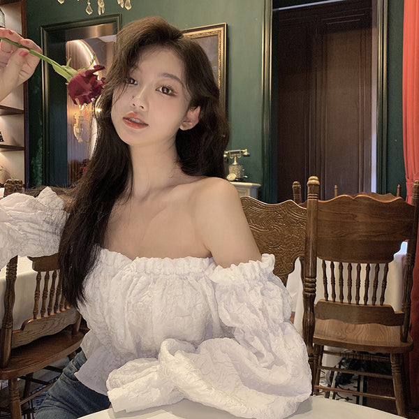 Trendy Pretty Women Off Shoulder Blouse Crop Top Ruffles Sexy Long Sleeve Shirt