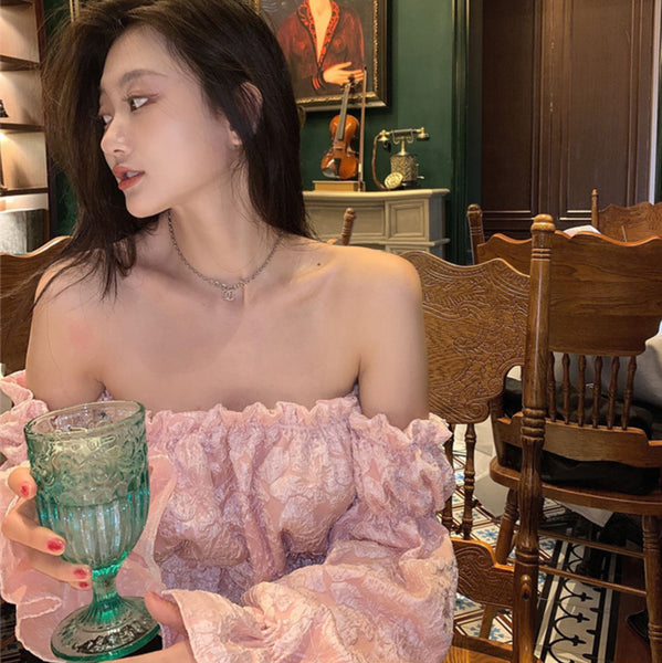 Trendy Pretty Women Off Shoulder Blouse Crop Top Ruffles Sexy Long Sleeve Shirt