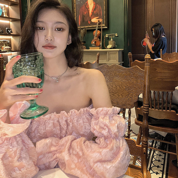 Trendy Pretty Women Off Shoulder Blouse Crop Top Ruffles Sexy Long Sleeve Shirt