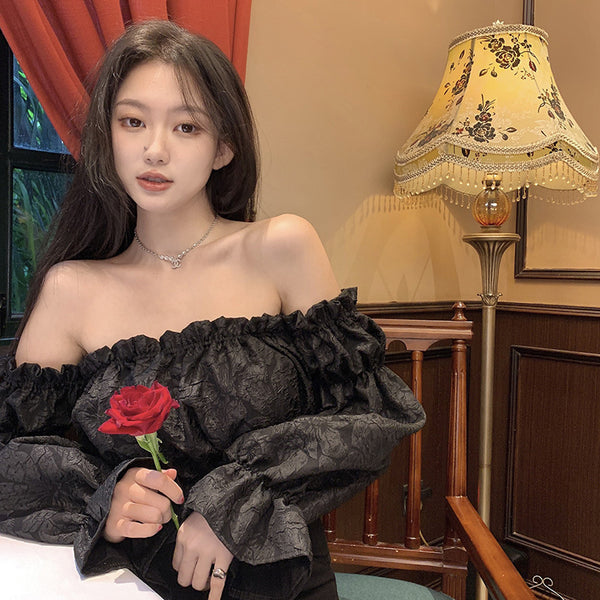 Trendy Pretty Women Off Shoulder Blouse Crop Top Ruffles Sexy Long Sleeve Shirt
