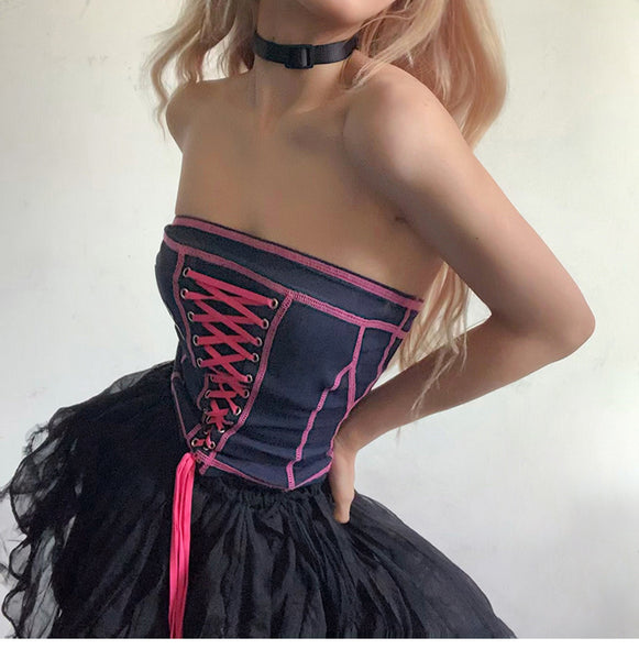 Sexy Patchwork Strapless Vest Summer Women Off Shoulder Tube Corset Top Blouse