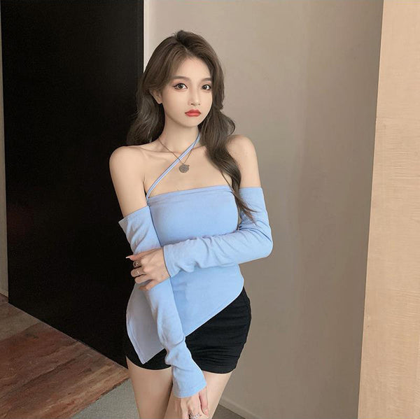 New Sexy Pretty Women Temperament Style Halter Slanted Shoulder Open Back Shirt Top